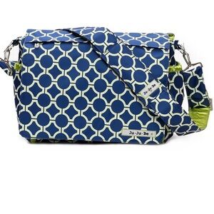 JuJuBe Better Be Diaper messenger bag in navy and white